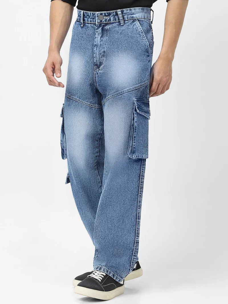 Urbano Fashion Men's Light Blue Loose Baggy Fit Washed Cargo Jeans with 7 Pockets Non-Stretchable