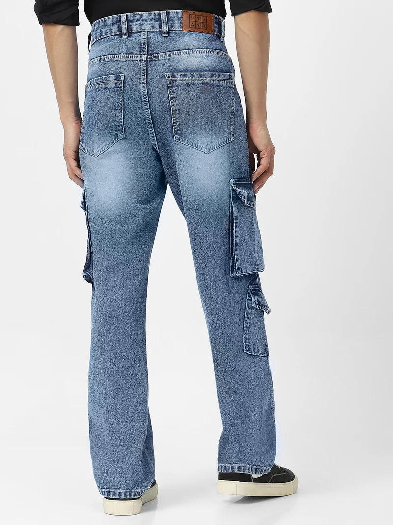 Urbano Fashion  Urbano Fashion Men's Light Blue Loose Baggy Fit Washed Cargo Jeans with 7 Pockets Non-Stretchable  | Best Price UAE