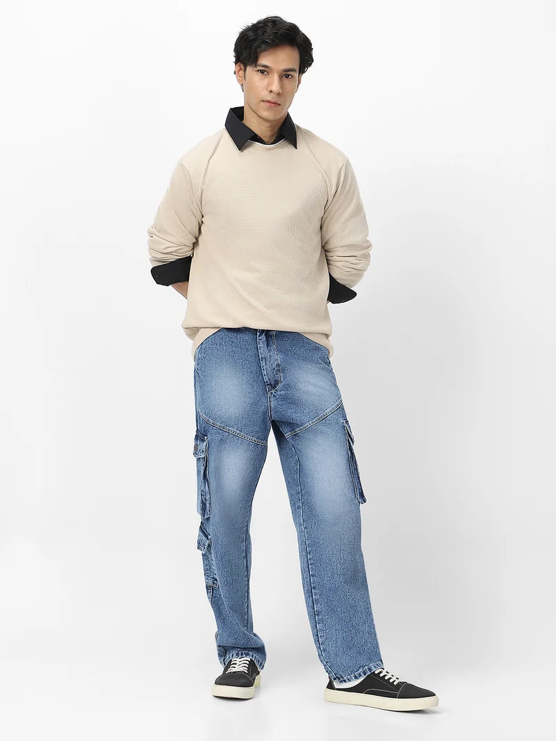 Urbano Fashion  Urbano Fashion Men's Light Blue Loose Baggy Fit Washed Cargo Jeans with 7 Pockets Non-Stretchable  | Best Price UAE