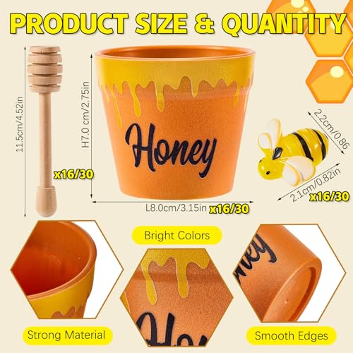 meekoo 30 Sets 16 Sets Mini Honey Bee Pots with Wooden Dippers Charms Honey Jars for Cupcake Planter Chocolate Chips bee Themed Baby Shower Favors Wedding Gifts for Guests - Image 3
