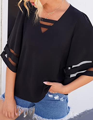 LookbookStore Plus Size Tops for Women Business Casual Tops Blouses for Women Dressy Casual 2024 Summer Black Mesh Panel 3/4 Length Sleeve Womens Tops Loose Shirt Size XXL Size 20 22 - Image 2