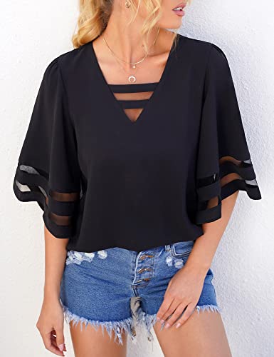 LookbookStore Plus Size Tops for Women Business Casual Tops Blouses for Women Dressy Casual 2024 Summer Black Mesh Panel 3/4 Length Sleeve Womens Tops Loose Shirt Size XXL Size 20 22 - Image 3