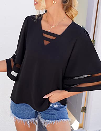 LookbookStore Plus Size Tops for Women Business Casual Tops Blouses for Women Dressy Casual 2024 Summer Black Mesh Panel 3/4 Length Sleeve Womens Tops Loose Shirt Size XXL Size 20 22 - Image 4