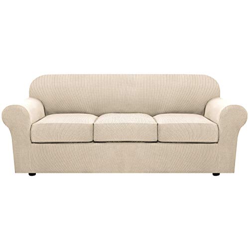 H.VERSAILTEX 4 Piece Stretch Couch Covers for 3 Cushion Couch Sofa Furniture Slipcovers Feature Upgraded Thicker Jacquard Fabric (Sofa, Natural) - Image 1
