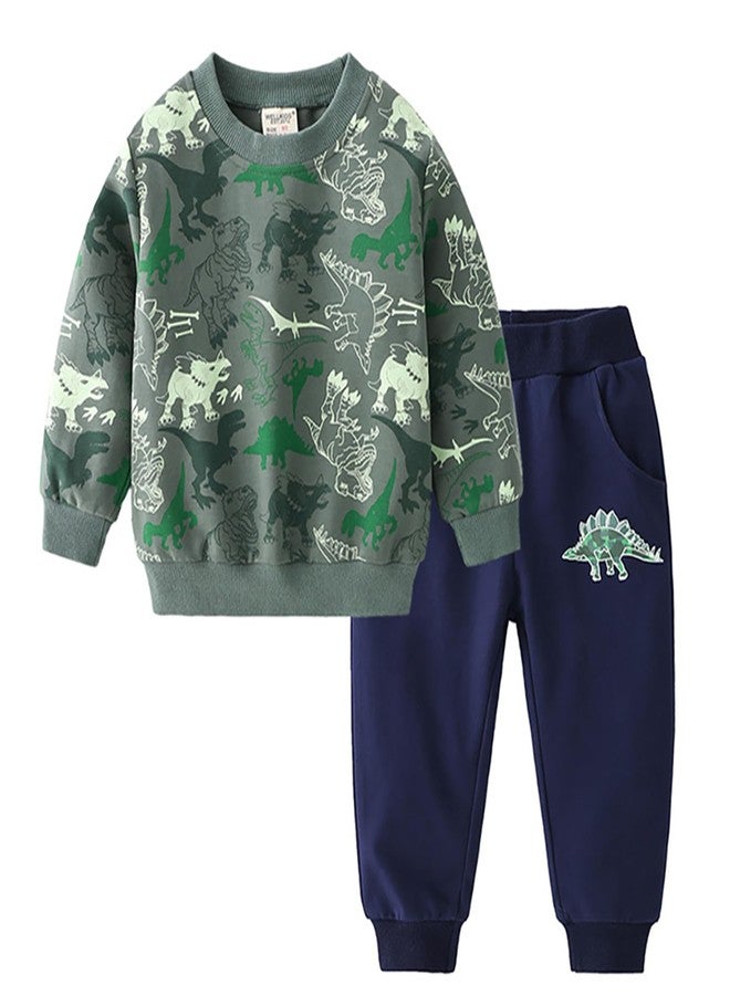 Volunboy Baby Boys Fall Sweatsuit Clothes Green Dino Sweatshirts Pants Set 2Pcs Long Sleeve Winter Pullover Jogger Outfits (Camouflage Dinosaur, 4-5T) - Image 1