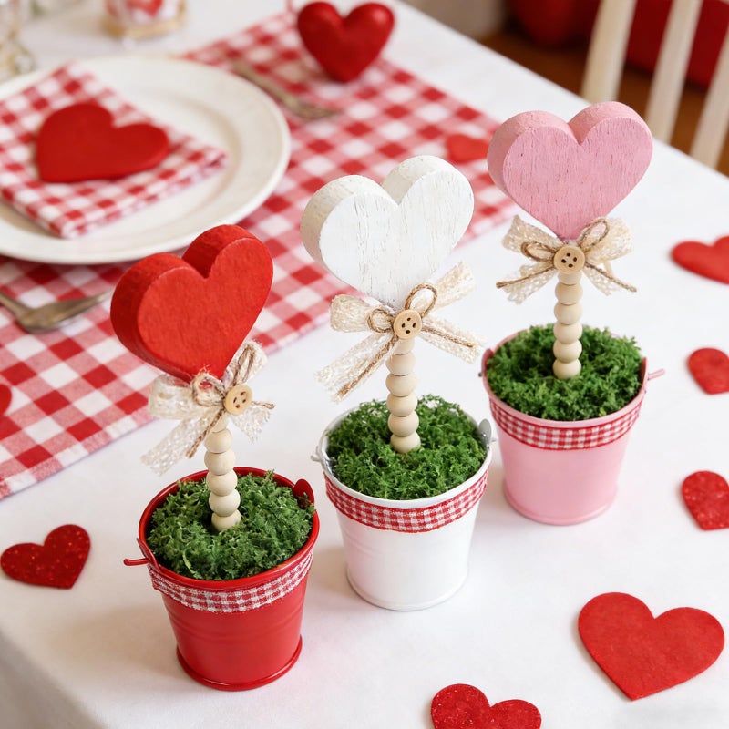 Meching 3 PCS Valentine's Day Decoration Rustic Heart Mini Potted Wooden Signs,6.5'' Red Pink White Artificial Heart Shaped Plant Pot for Valentines Day Tabletop Centerpiece Tiered Tray Decor Gifts - Image 4
