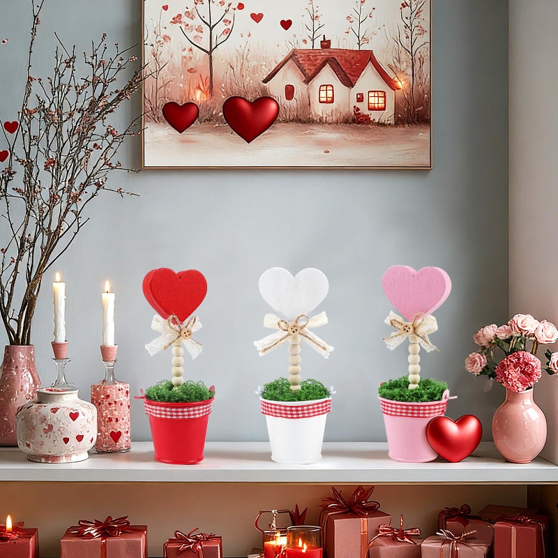 Meching 3 PCS Valentine's Day Decoration Rustic Heart Mini Potted Wooden Signs,6.5'' Red Pink White Artificial Heart Shaped Plant Pot for Valentines Day Tabletop Centerpiece Tiered Tray Decor Gifts - Image 5