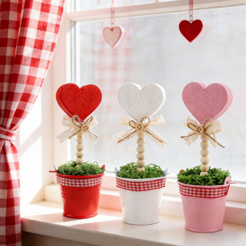 Meching 3 PCS Valentine's Day Decoration Rustic Heart Mini Potted Wooden Signs,6.5'' Red Pink White Artificial Heart Shaped Plant Pot for Valentines Day Tabletop Centerpiece Tiered Tray Decor Gifts - Image 3