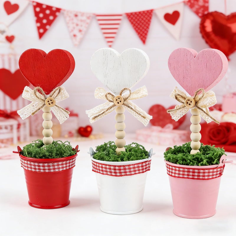 Meching 3 PCS Valentine's Day Decoration Rustic Heart Mini Potted Wooden Signs,6.5'' Red Pink White Artificial Heart Shaped Plant Pot for Valentines Day Tabletop Centerpiece Tiered Tray Decor Gifts - Image 1