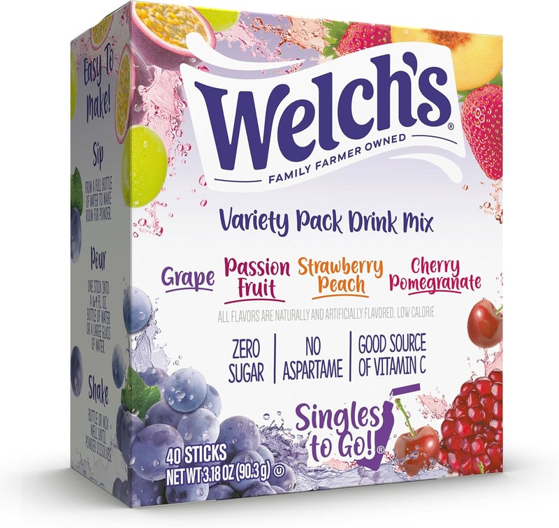 Welch's Singles To Go Variety Pack Drink Mix - 40 Sticks with Grape, Passion Fruit, Strawberry Peach, and Cherry Pomegranate Flavors - Image 1