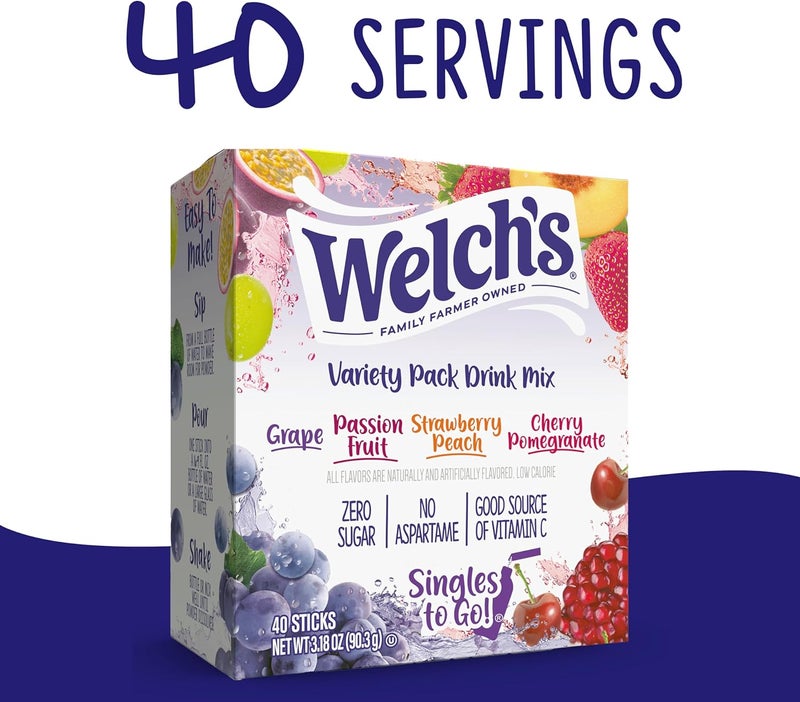 Welch's Singles To Go Variety Pack Drink Mix - 40 Sticks with Grape, Passion Fruit, Strawberry Peach, and Cherry Pomegranate Flavors - Image 4