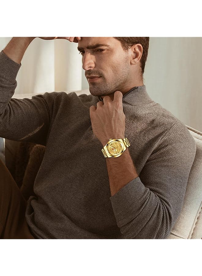KASTWAVE Men Stainless Steel Quartz Wristwatch With Engraved Dragon Dial Analog Display Luminous Hands Stylish And Durable Timepiece For Everyday Wear - Image 3