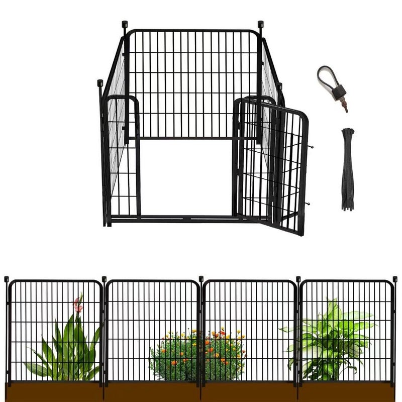 Getlay Garden Fence with Gate 48 in(H)Ã—27 in(L) 4 Panels, Heavy Duty Iron Animal Barrier Fence, Rabbit Fence for Garden, Suitable for Indoor Pet Or Outdoor Dog Fencing, Total 8.9 Ft(L), Black - Image 1