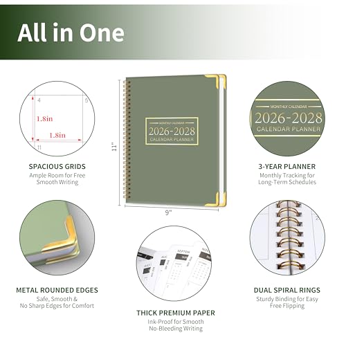 KAICN Monthly Planner 2026-2028, Hardcover 3 year calendar 2026-2027-2028 Calendar Book from Jan 2026 - Dec 2028, 9“ x 11”, Spiral Bound,Organizer for Office, School, and Home,Green - Image 2