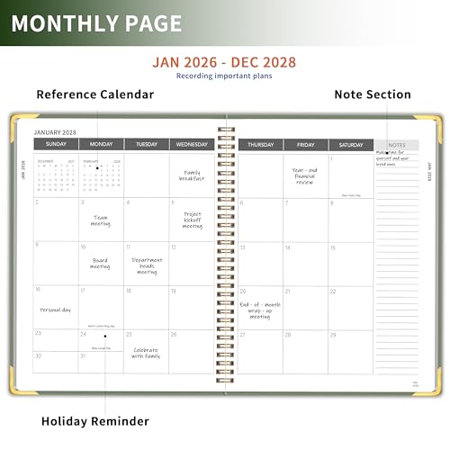 KAICN Monthly Planner 2026-2028, Hardcover 3 year calendar 2026-2027-2028 Calendar Book from Jan 2026 - Dec 2028, 9“ x 11”, Spiral Bound,Organizer for Office, School, and Home,Green - Image 3