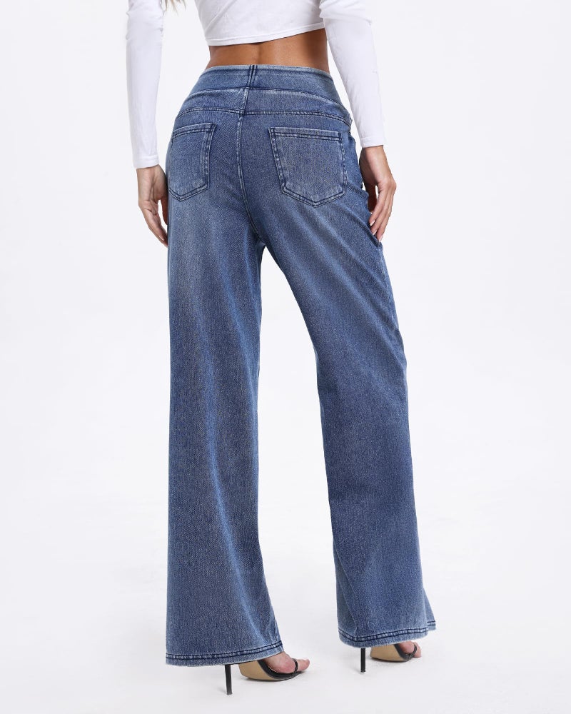 TONIRY Wide Leg Jeans for Women Pull on High Waisted Stretchy Blue Jean Woman Straight Leg Tummy Control Stretch Pants 29 Inseam Tall Long High Rise Pant Fashion, Blue, M - Image 2