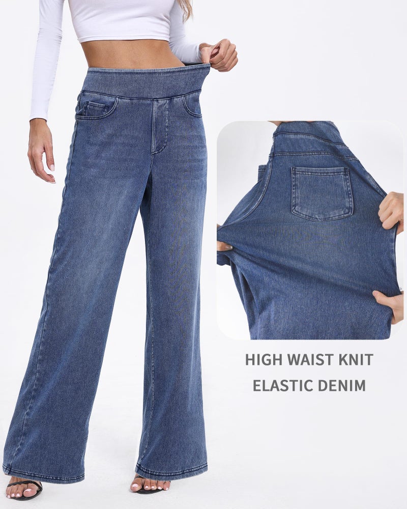 TONIRY Wide Leg Jeans for Women Pull on High Waisted Stretchy Blue Jean Woman Straight Leg Tummy Control Stretch Pants 29 Inseam Tall Long High Rise Pant Fashion, Blue, M - Image 4