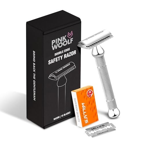 Pink Woolf Safety Razor for Men, Double Edge Close Comb for Sensitive Skin, Daily Shave, Beginner Friendly Single Blade Metal Razor, CC87 Chrome with 10 Blades - Image 1