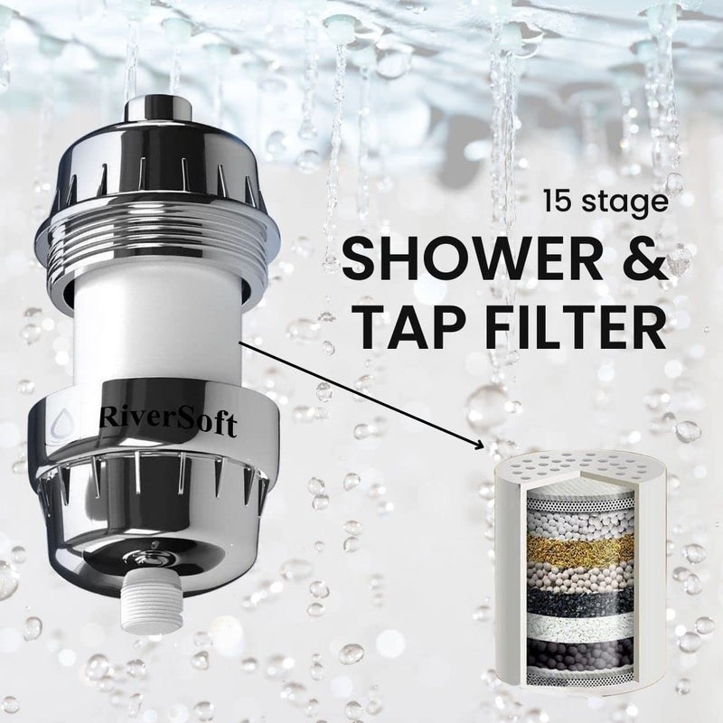 RiverSoft Combo Rain-Shower Set, 6 Inch x 6 Inch rain shower with shower arm 15 inch and SF-15 Shower filter for hard water | Water softener for bathroom (SS304, ABS, Chrome) - Image 4