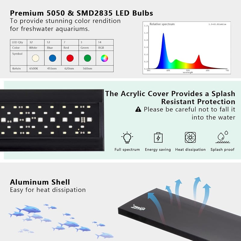 Hygger Clip On 24/7 Lighting Aquarium LED Light, 14W Sunrise-Daylight-Moonlight Mode and DIY Mode, Adjustable Timer Adjustable Brightness Fish Tank Light with 7 Colors for Planted Tank - Image 2