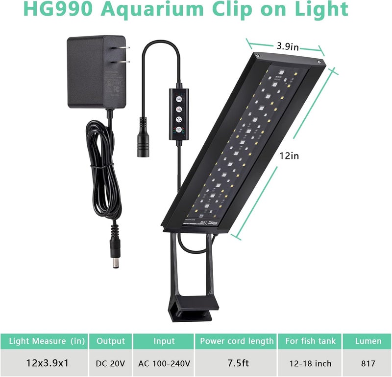 Hygger Clip On 24/7 Lighting Aquarium LED Light, 14W Sunrise-Daylight-Moonlight Mode and DIY Mode, Adjustable Timer Adjustable Brightness Fish Tank Light with 7 Colors for Planted Tank - Image 3
