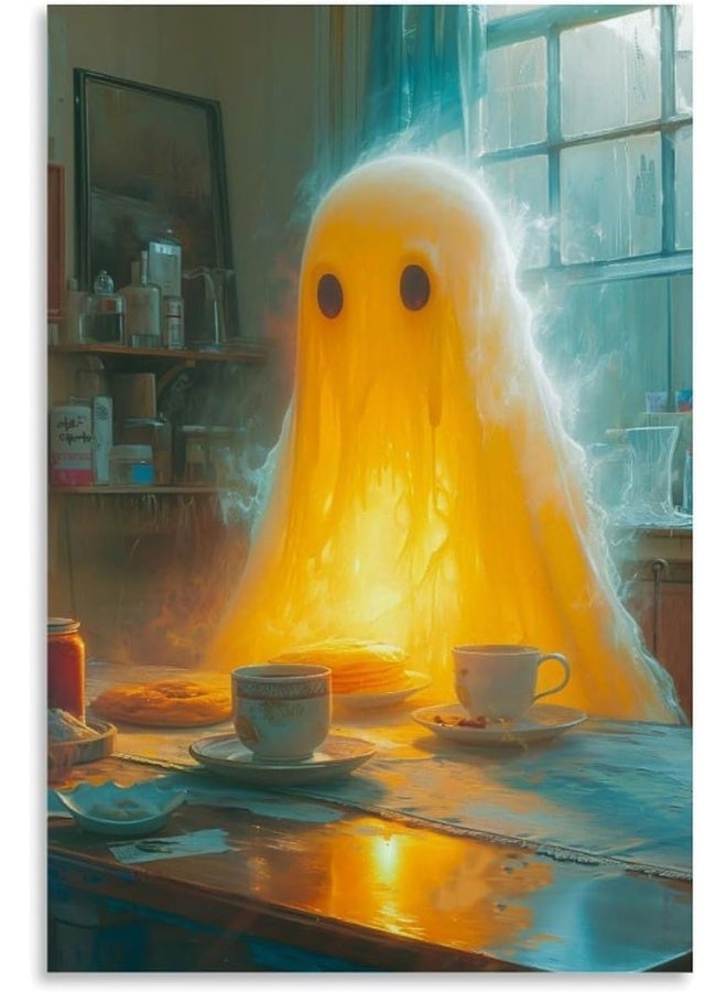 Home Trove HHGaoArt Vintage Halloween Canvas Wall Art, Funny Ghost Making Pancake for Breakfast Poster, Victorian Gothic Dark Academia Picture Print, Creepy Spooky Abandoned Art Ghost Wall Decor  - Image 1