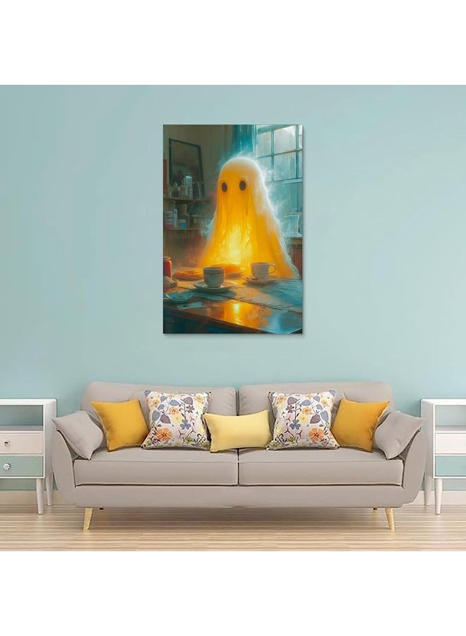 Home Trove HHGaoArt Vintage Halloween Canvas Wall Art, Funny Ghost Making Pancake for Breakfast Poster, Victorian Gothic Dark Academia Picture Print, Creepy Spooky Abandoned Art Ghost Wall Decor  - Image 4