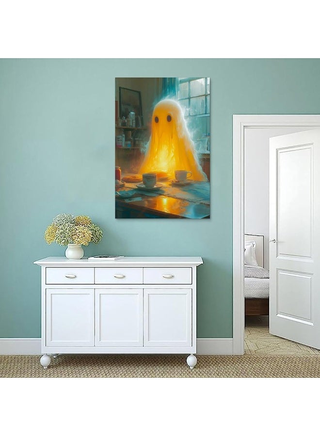 Home Trove HHGaoArt Vintage Halloween Canvas Wall Art, Funny Ghost Making Pancake for Breakfast Poster, Victorian Gothic Dark Academia Picture Print, Creepy Spooky Abandoned Art Ghost Wall Decor  - Image 5