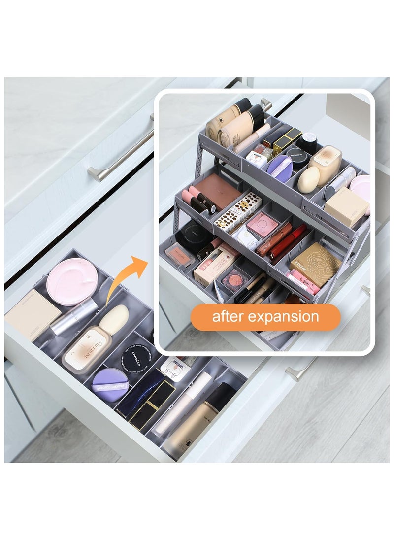 Generic - 3-Tier Expandable Drawer Organizer - Multi-Level Folding Smart Drawer for Makeup, Jewelry, Desk, Office - 1 Row 3 Tier - Grey - Image 1