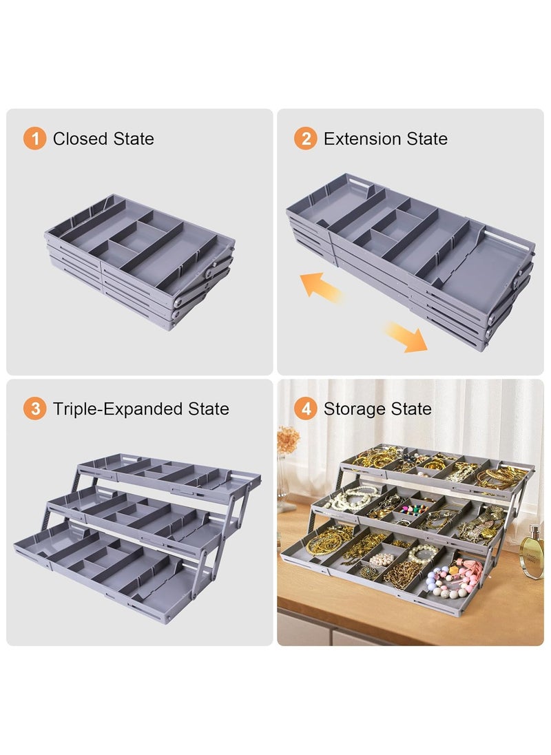 Generic - 3-Tier Expandable Drawer Organizer - Multi-Level Folding Smart Drawer for Makeup, Jewelry, Desk, Office - 1 Row 3 Tier - Grey - Image 1