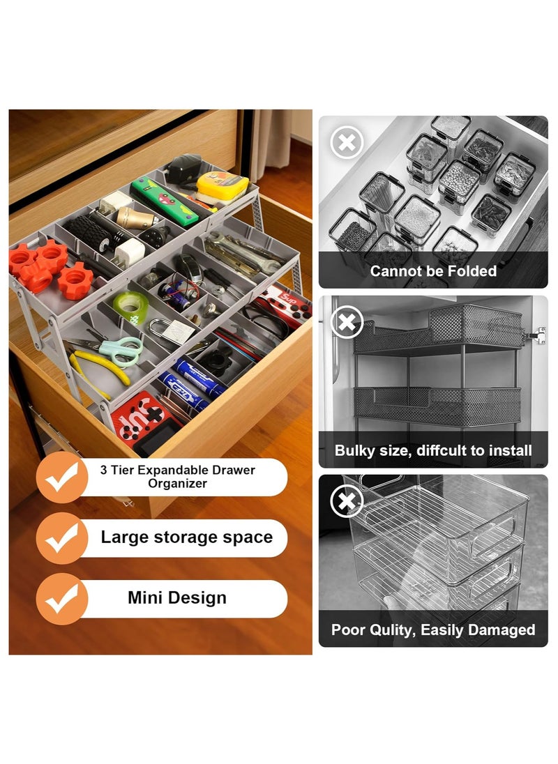 Generic - 3-Tier Expandable Drawer Organizer - Multi-Level Folding Smart Drawer for Makeup, Jewelry, Desk, Office - 1 Row 3 Tier - Grey - Image 1
