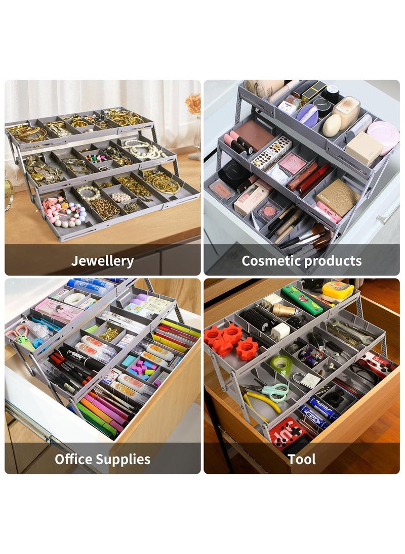 Generic - 3-Tier Expandable Drawer Organizer - Multi-Level Folding Smart Drawer for Makeup, Jewelry, Desk, Office - 1 Row 3 Tier - Grey - Image 1