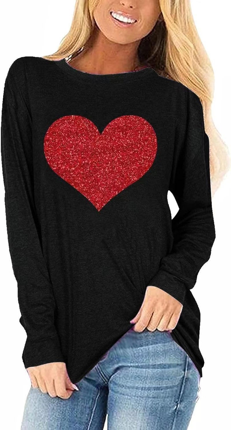 Womens Love Heart T-Shirts Casual Long Sleeve Valentine's Day Graphic Tees Tops(1219-Black-A,S)
