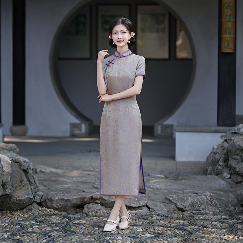 2024 Silk Cheongsam Dress Retro Chinese Style 176 purple  - Image 1