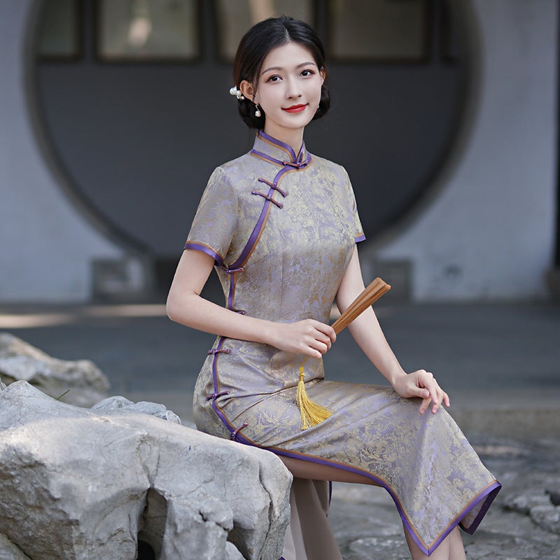 2024 Silk Cheongsam Dress Retro Chinese Style 176 purple  - Image 4