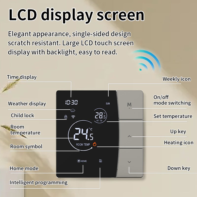 منظم حرارة تسخين SDM6 مع شاشة عرض رقمية وملمسة LCD قابل للتعديل للحرارة، منظم حرارة تسخين أرضي كهربائي منزلي ومضاد للتجمد (تسخين كهربائي مقاومة 16 أمبير بدون واي فاي) - Image 2