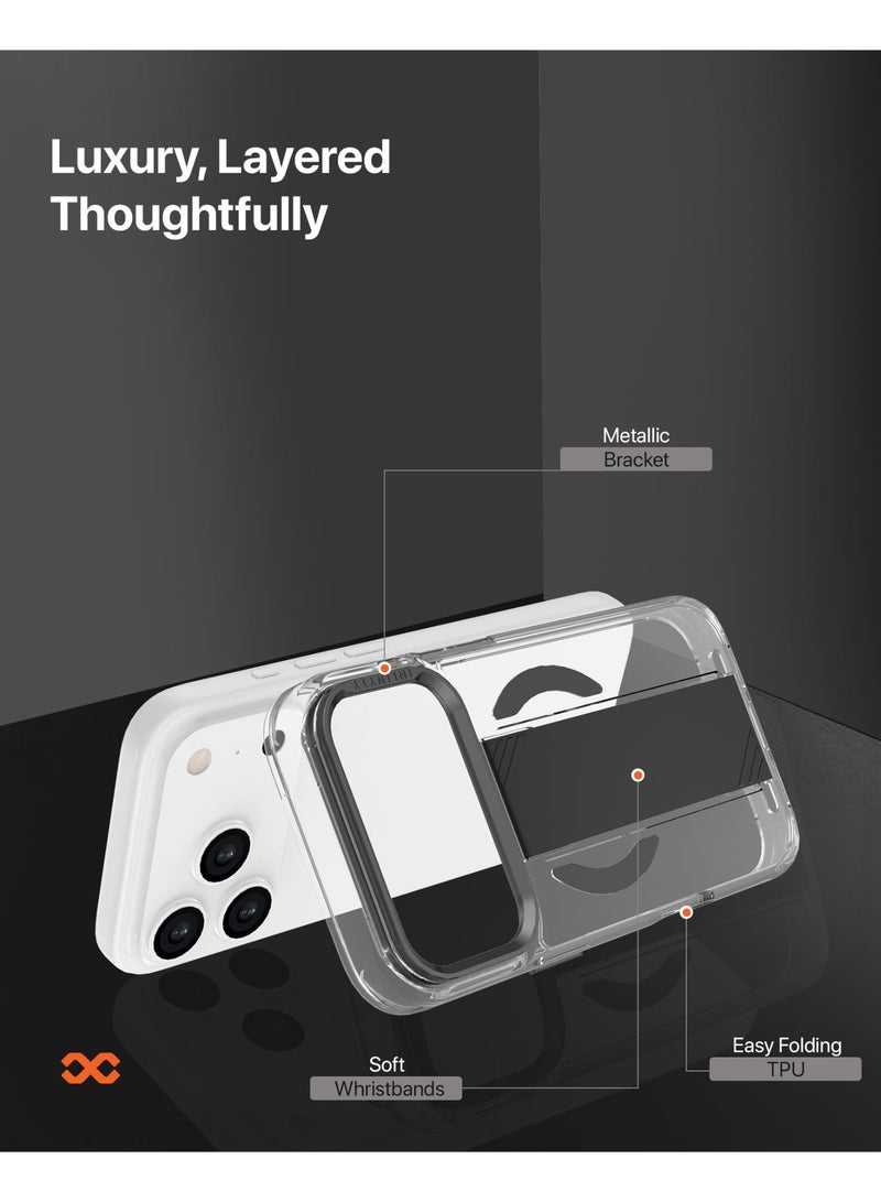 INFINYTY iPhone 17 Pro Clear Case with Soft Black Grip & Metallic Camera Stand – Grypsta, Premium TPU+PC Build, Anti-Shock Corners, Metallic Buttons, MagSafe Compatible, Raised Camera and Screen Edges, Anti-Yellowing Coating, Durable, Long-Lasting Clarity - Image 3