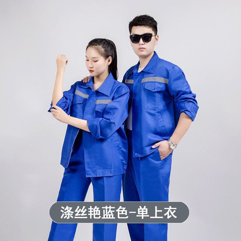 Spring and Autumn Work Clothes Reflective Strip suit Dirty-Resistant Auto Repair Workers Factory Workshop Sanitation Wear-Resistant Work Clothes Printing Embroidered Characters Bright blue/top 