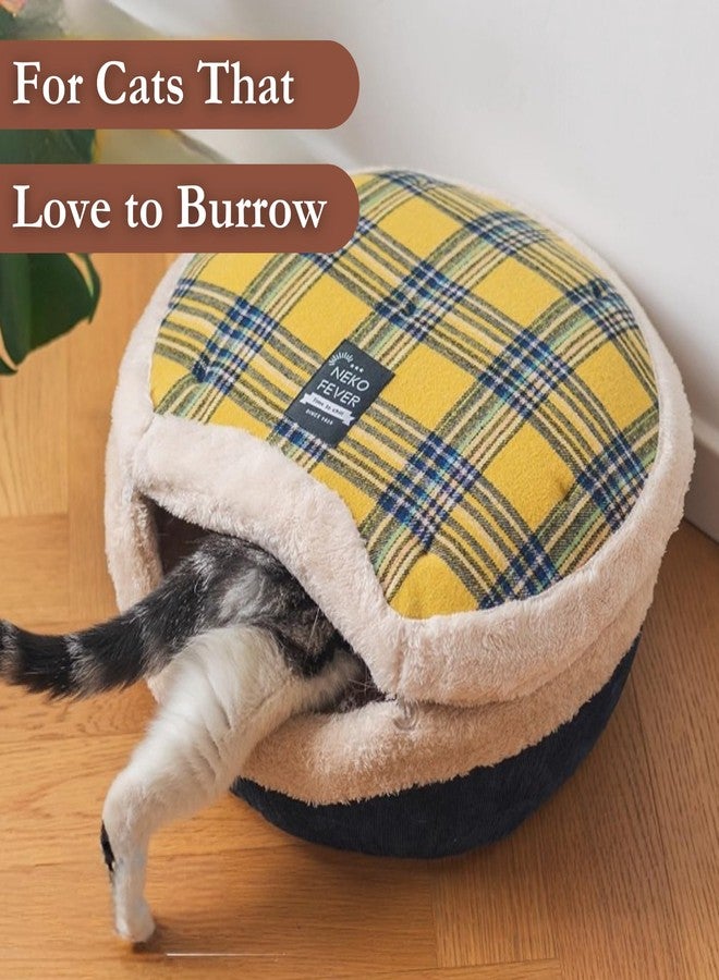 Urnat Cat Bed Cave – Enclosed Self Warming Hideaway with Detachable Lid & Mat, Covered House for Indoor Kitten & Kitty (Yellow) - Image 2