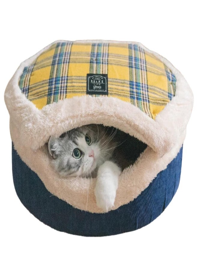 Urnat Cat Bed Cave – Enclosed Self Warming Hideaway with Detachable Lid & Mat, Covered House for Indoor Kitten & Kitty (Yellow) - Image 1