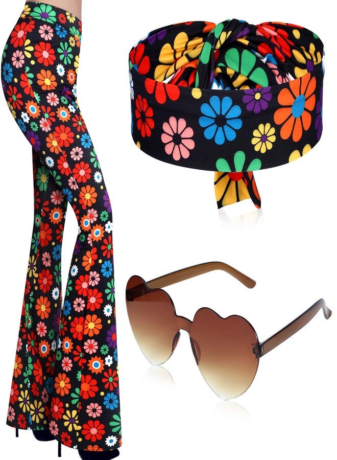 Tisancy 3 Pcs 60s 70s Outfits for Women Hippie Costume Set Disco Flared Pants 70's Groovy Outfits Halloween Party Accessories (Vibrant,M Size) - Image 1