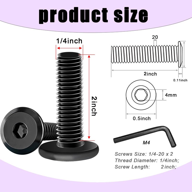 Taiss 20pcs 1/4-20 x 2" Flat Head Socket Head Screw,Furniture Bolts,Furniture Screws 304 Stainless Steel,1/4 Bolts Black Zinc Plated Fully Threaded,Countersunk Connector Screws with Hex Spanner - Image 2