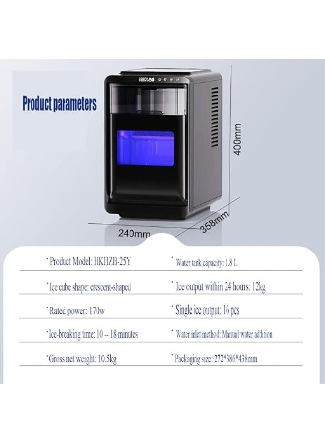 Cool Baby Style Countertop Ice Maker, Crescent-Shaped Ice, 12kg per 24 Hours, 1.8L Tank, Quick Ice in 13 Minutes, 32dB Low Noise - Image 2
