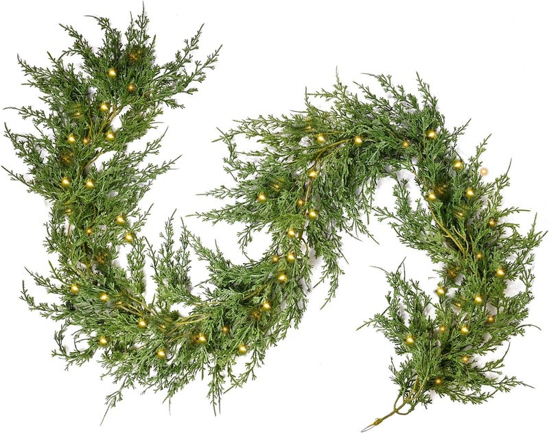 FAJUNZH Artificial Christmas Garland with Dragon Cypress, Festive Holiday Decor for TV Cabinet, Fireplace, Indoor & Outdoor, Handmade Christmas Garland (Cypress 6FT with Lights) - Image 1