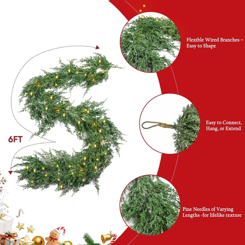 FAJUNZH Artificial Christmas Garland with Dragon Cypress, Festive Holiday Decor for TV Cabinet, Fireplace, Indoor & Outdoor, Handmade Christmas Garland (Cypress 6FT with Lights) - Image 5
