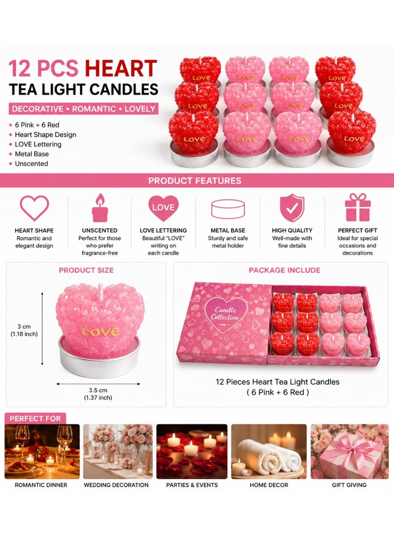 Romantic Heart Shaped Decorative Candle Set, 12 Pieces, Floral Design, Red & Pink, Metal Base, Unscented, Elegant Home Decor & Valentine'S Gift - Image 4