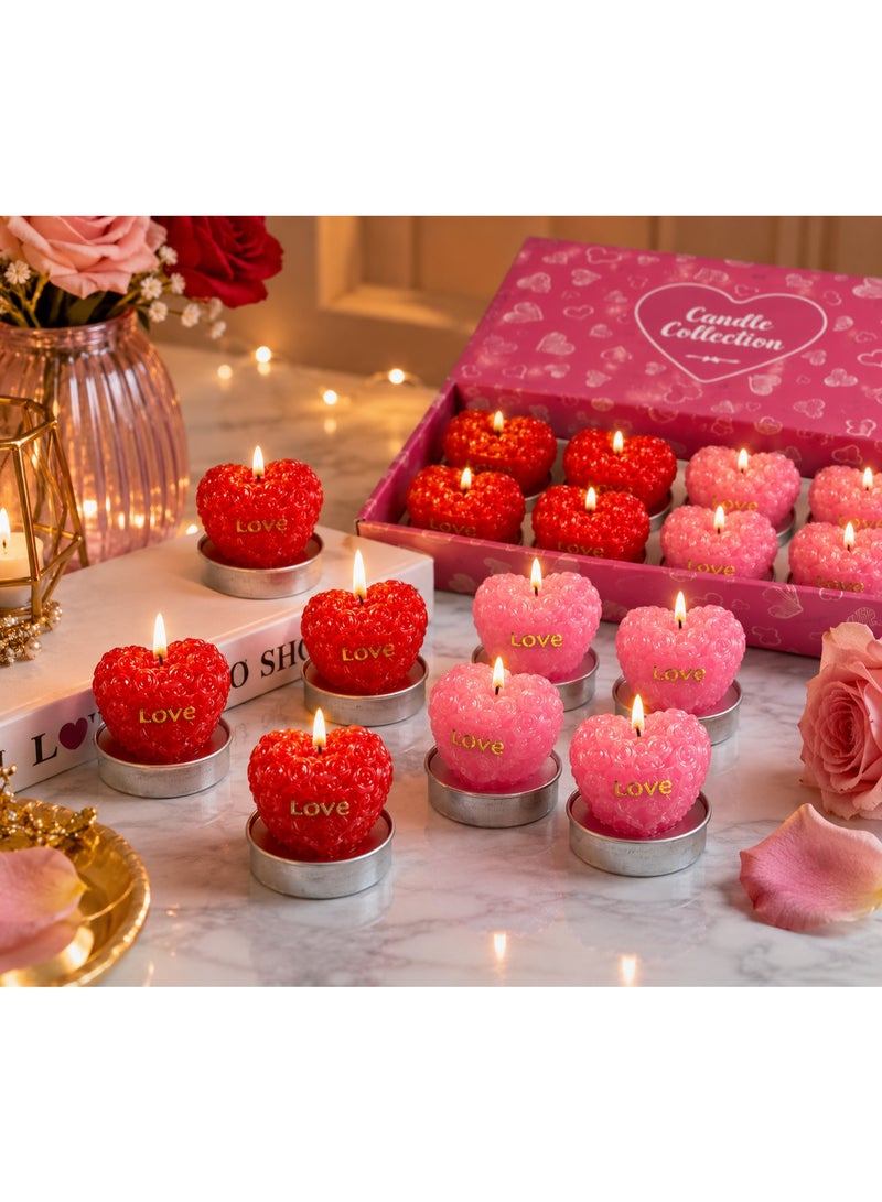 Romantic Heart Shaped Decorative Candle Set, 12 Pieces, Floral Design, Red & Pink, Metal Base, Unscented, Elegant Home Decor & Valentine'S Gift - Image 1