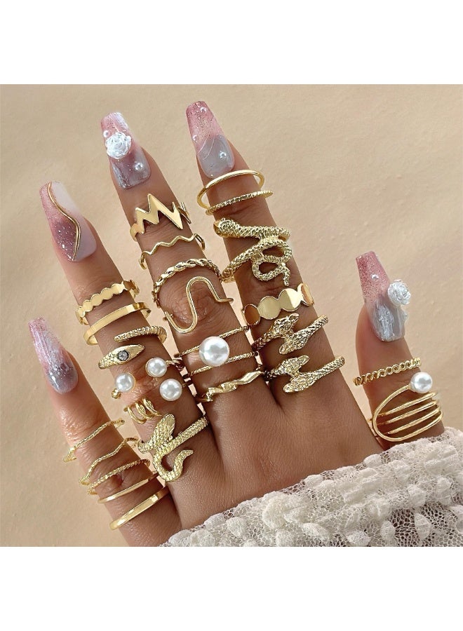 23pcs Elegant Faux Pearl Ring Set, Multi-Element Geometric Ring Set - Image 3
