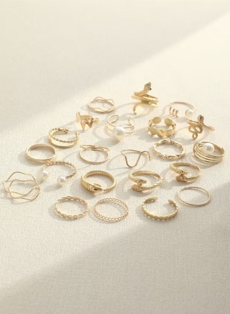 23pcs Elegant Faux Pearl Ring Set, Multi-Element Geometric Ring Set - Image 5