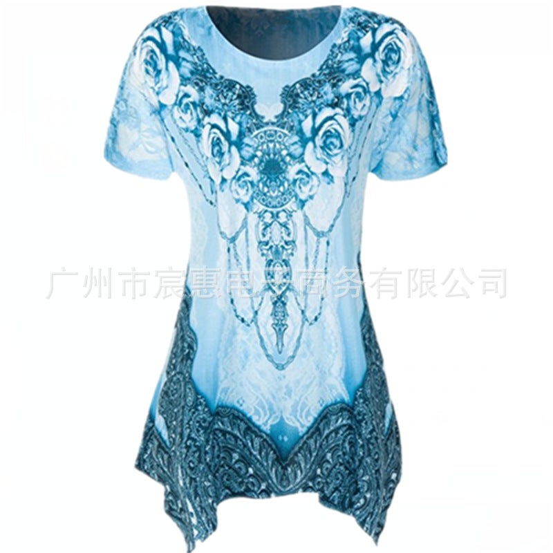 AliExpress wish 2022 new European and American women's clothing printing short-sleeved T-shirt large size irregular top women purple XXXXL - Image 5